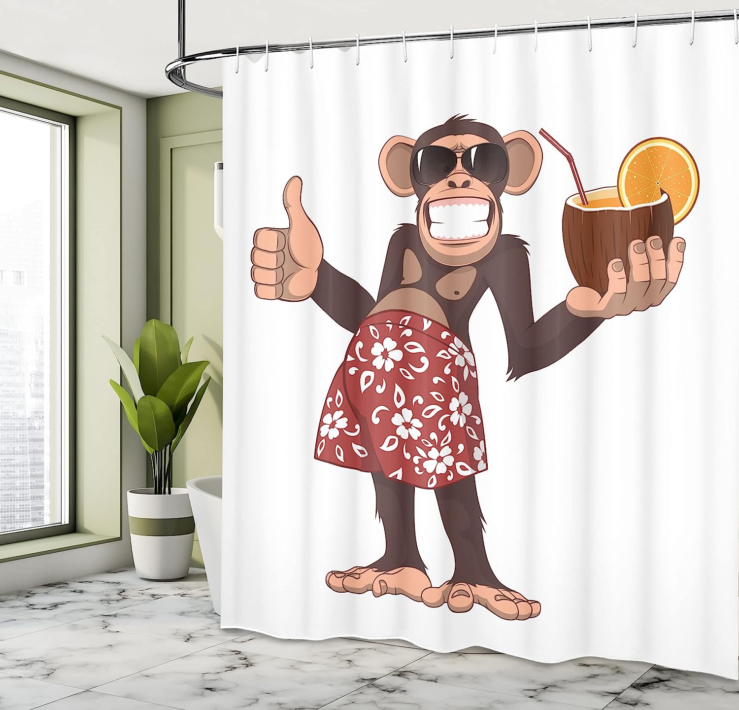 Cheerful Cartoon Art Happy Chimpanzee Holding A Cocktail Shower Curtain - Cloth Fabric Bathroom Decors - Image 4