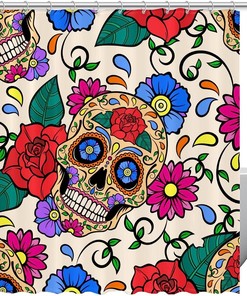 Cheerful Colored Sugar Skulls Roses Restroom Shower Curtains