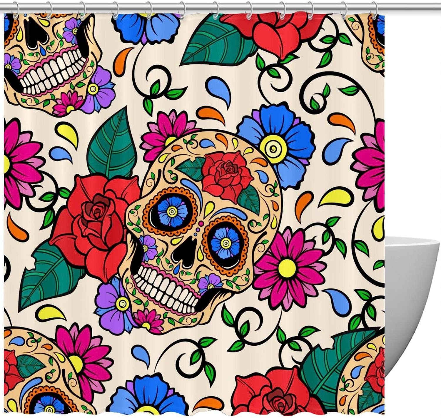 Cheerful Colored Sugar Skulls Roses Restroom Shower Curtains