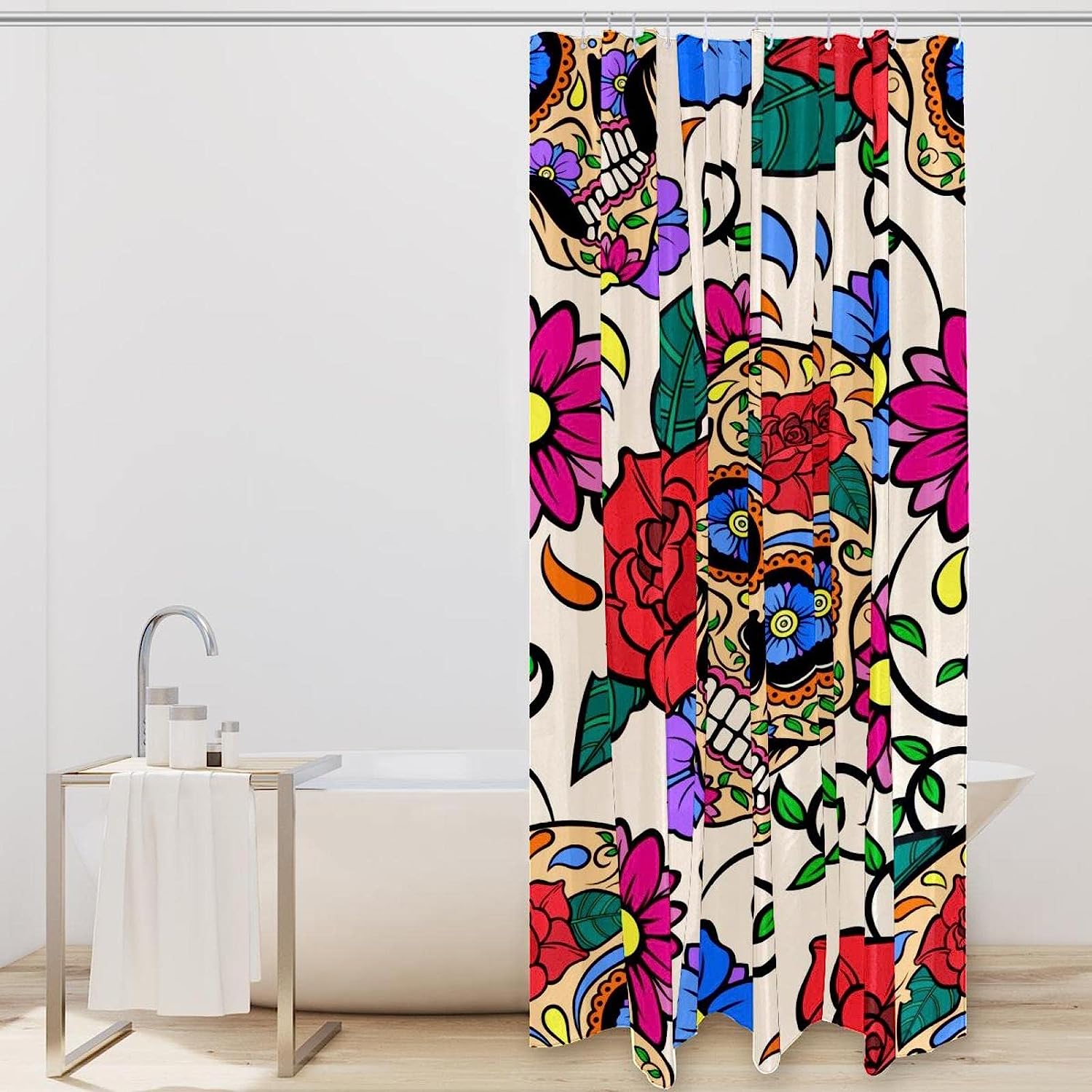 Cheerful Colored Sugar Skulls Roses Restroom Shower Curtains