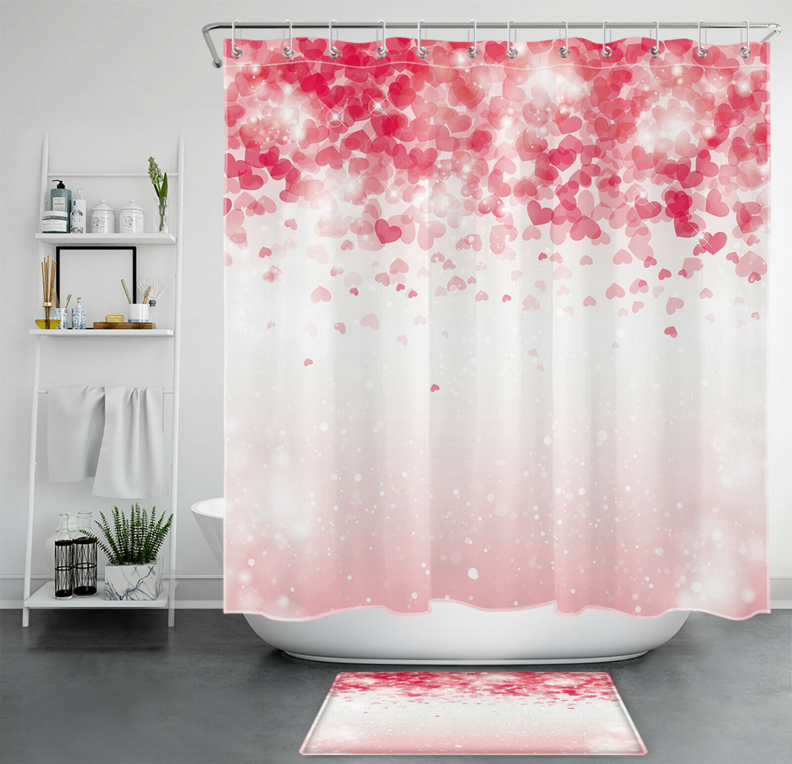 Cheerful Pink Hearts Shower Curtain for a Romantic Valentine's Day Look in Your Bathroom