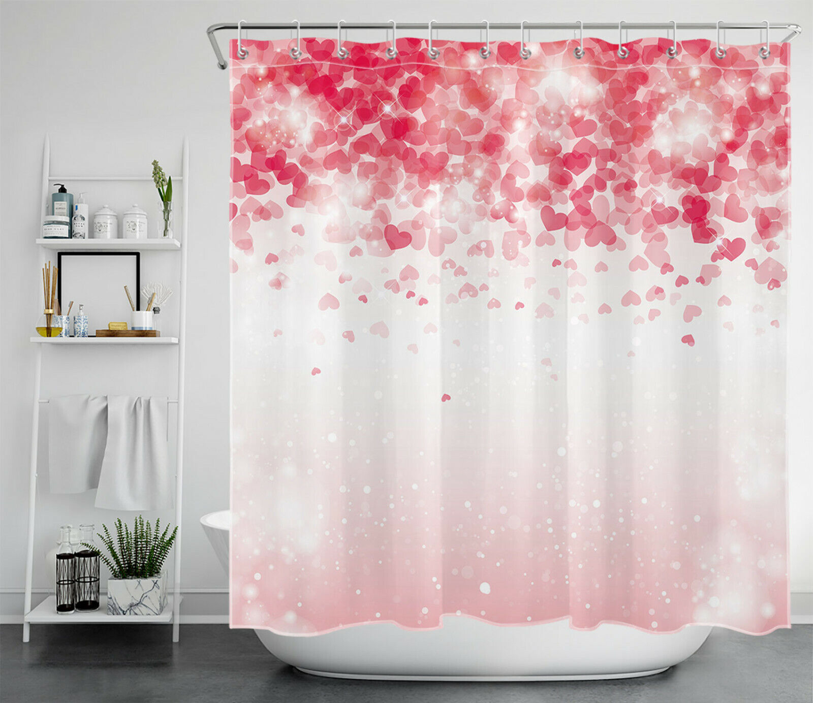 Cheerful Pink Hearts Shower Curtain for a Romantic Valentine's Day Look in Your Bathroom