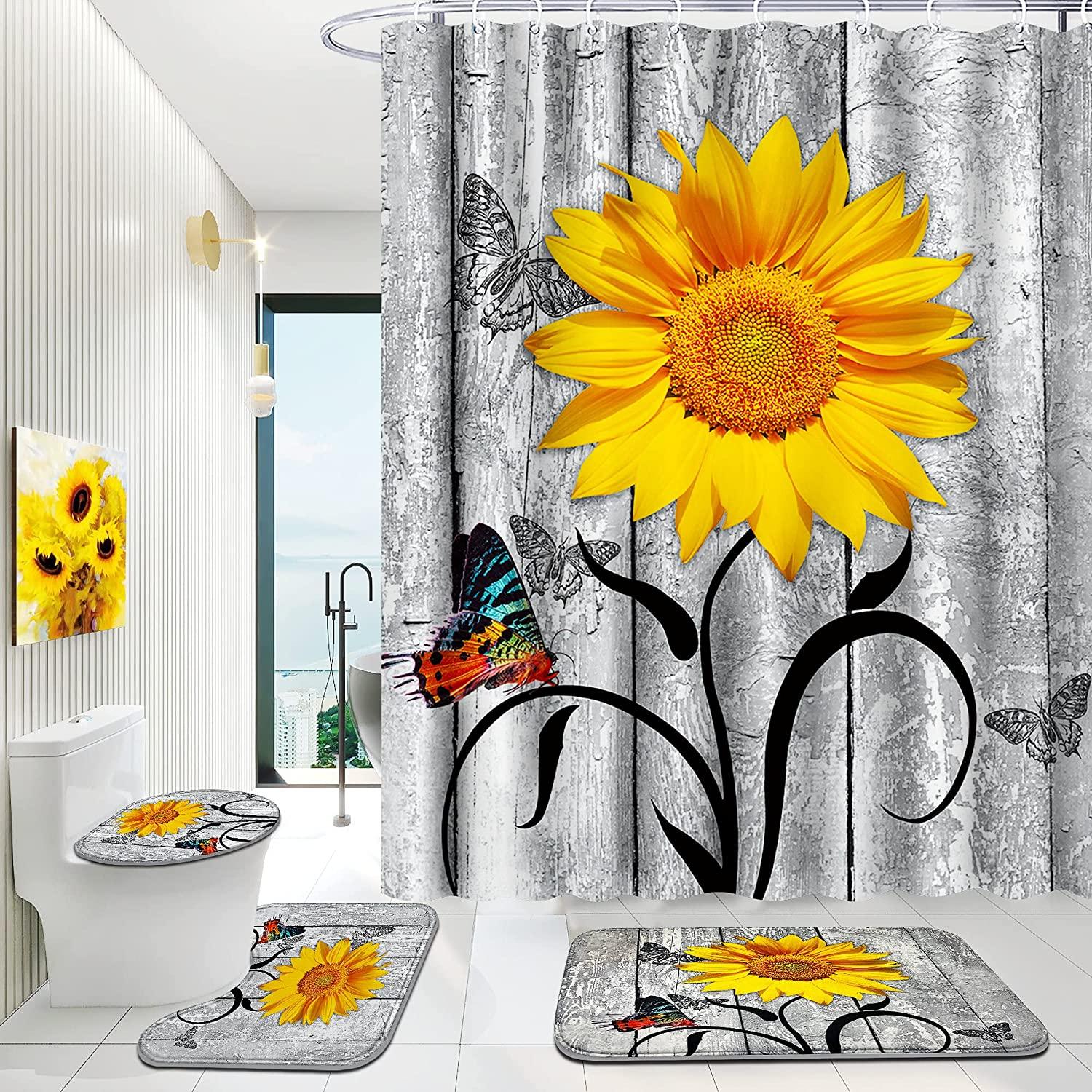 Cheerful Sunflower And Butterfly Shower Curtain For Your Bathroom