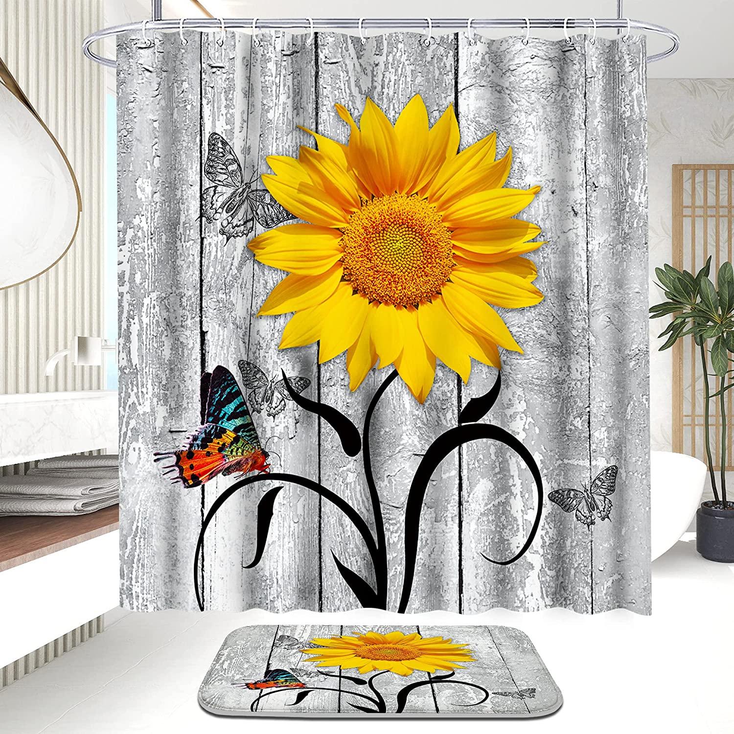 Cheerful Sunflower And Butterfly Shower Curtain For Your Bathroom - Image 2