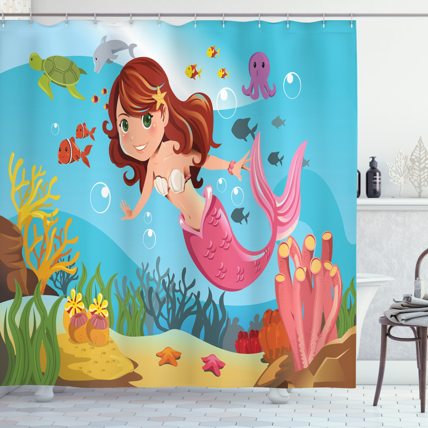 Cheerful Underwater Print Mermaid Shower Curtain for Your Bathroom