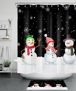Cheerful Winter Snowflake Christmas Bathroom Accessories With Funny Snowman Shower Curtain 