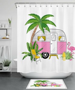 Cheerful and Fun Flamingo Shower Curtain with Palm Trees and Camping Car Print