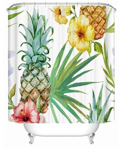 Cheerful and Fun Hawaiian Style Pineapple Shower Curtain with Hibiscus Flowers