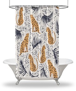 Cheetah And Palm Leaves Print Shower Curtain For Tropical Bathroom Decor