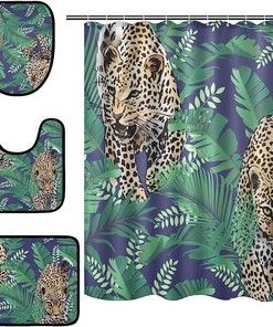 Cheetah Leopard Tropical Palm Leaves Shower Curtain With Matching Mat For Exotic Bathroom Decor