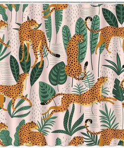 Cheetah Palm Leaves Shower Curtain In Jungle Animal Wildlife Tiger Design