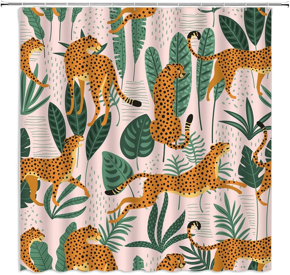 Cheetah Palm Leaves Shower Curtain In Jungle Animal Wildlife Tiger Design