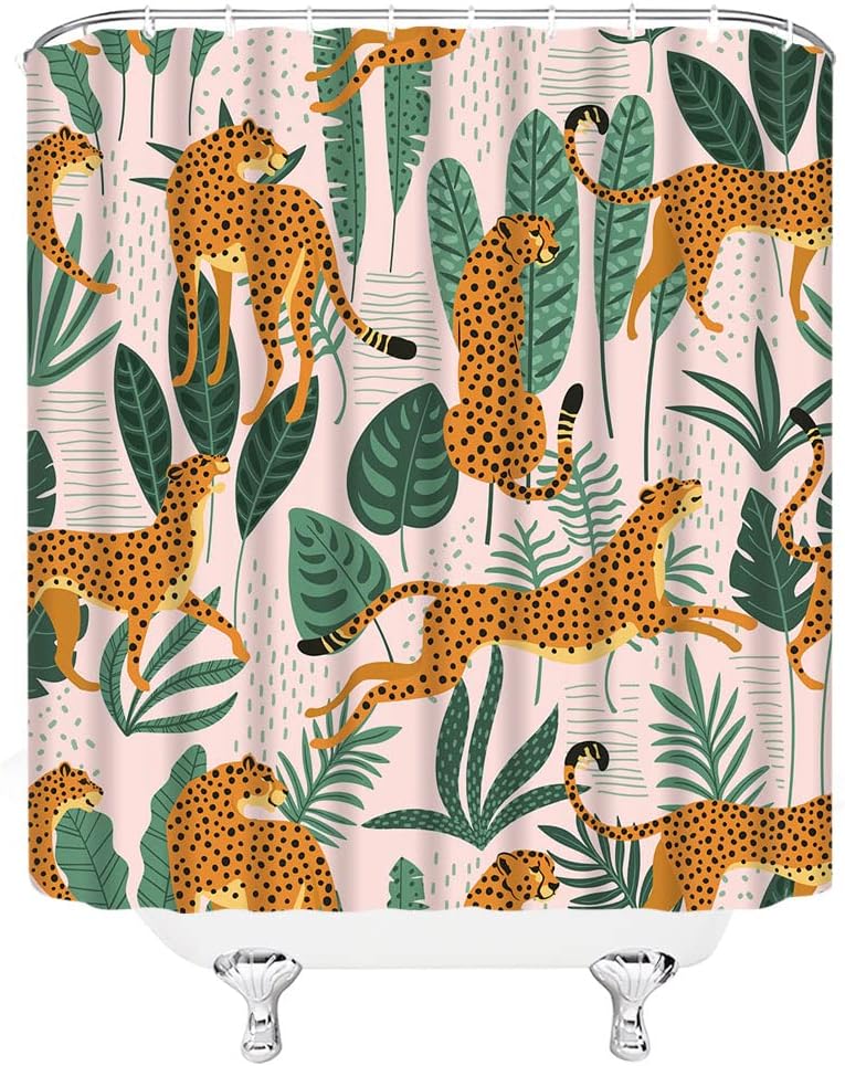 Cheetah Palm Leaves Shower Curtain In Jungle Animal Wildlife Tiger Design - Image 2