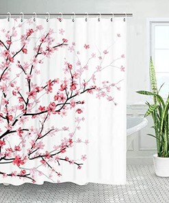 Cherry Blossom Pink Bathroom Shower Curtain with Tree Branch Design