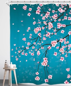 Cherry Blossom Shower Curtain In Japanese Floral Sakura Style, Waterproof Fabric For Bathroom Decor