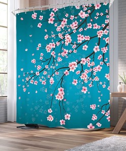 Cherry Blossom Shower Curtain In Japanese Floral Sakura Style, Waterproof Fabric For Bathroom Decor