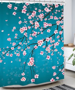 Cherry Blossom Shower Curtain In Japanese Floral Sakura Style, Waterproof Fabric For Bathroom Decor