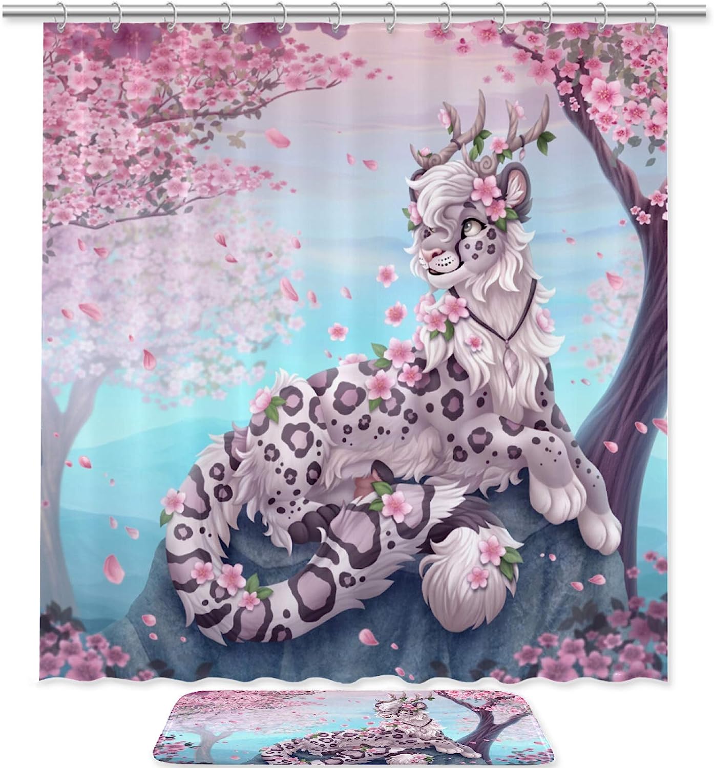 Cherry Blossoms Leopard Shower Curtain - Exotic Bathroom Decor