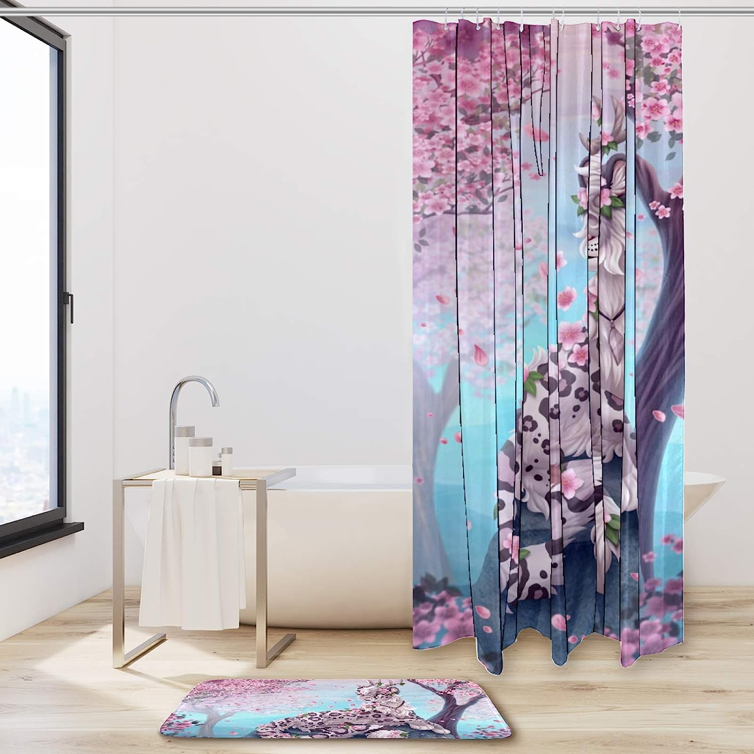 Cherry Blossoms Leopard Shower Curtain - Exotic Bathroom Decor