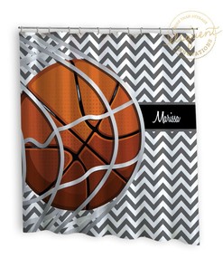Chevron Grey & White Personalized Basketball Shower Curtain - Fabric Gift For Girls Or Boys #259