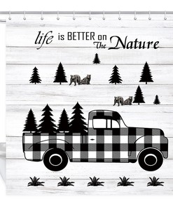 Chevy Truck And Bear Shower Curtain, Rustic Bathroom Decor