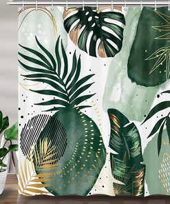 Chic Abstract Green Gold Leaves Tropical Watercolor Shower Curtain, Modern Bathroom Art
