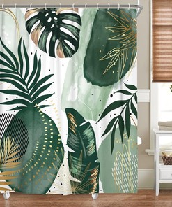 Chic Abstract Green Gold Leaves Tropical Watercolor Shower Curtain, Modern Bathroom Art