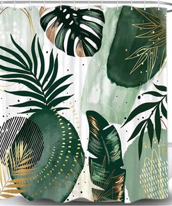 Chic Abstract Green Gold Leaves Tropical Watercolor Shower Curtain, Modern Bathroom Art