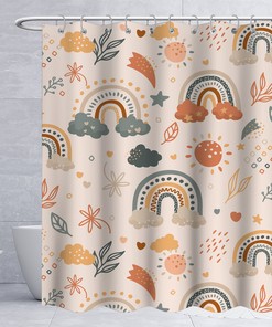 Chic And Artistic Boho Rainbow Shower Curtain With Mid Century Sun Leaves Star Aesthetic And Pink Color For Cute