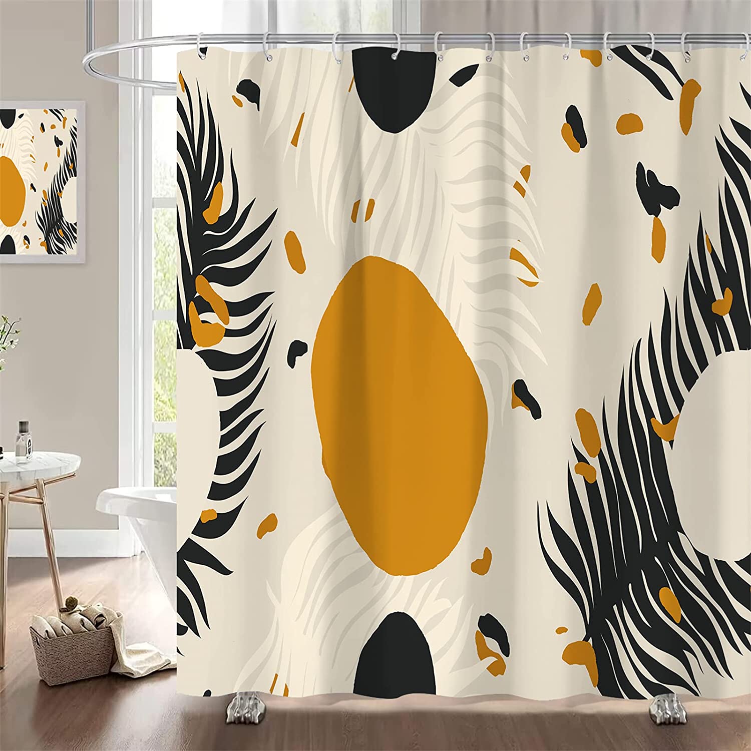 Chic And Artsy Boho Shower Curtain In Abstract Mid Century Rustic Beige Cute And Unique Bathroom Curtain Decor