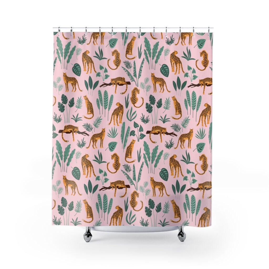 Chic And Playful Boho Shower Curtain With Tropical Leopard Print And Patterned Design For Housewarming Gift
