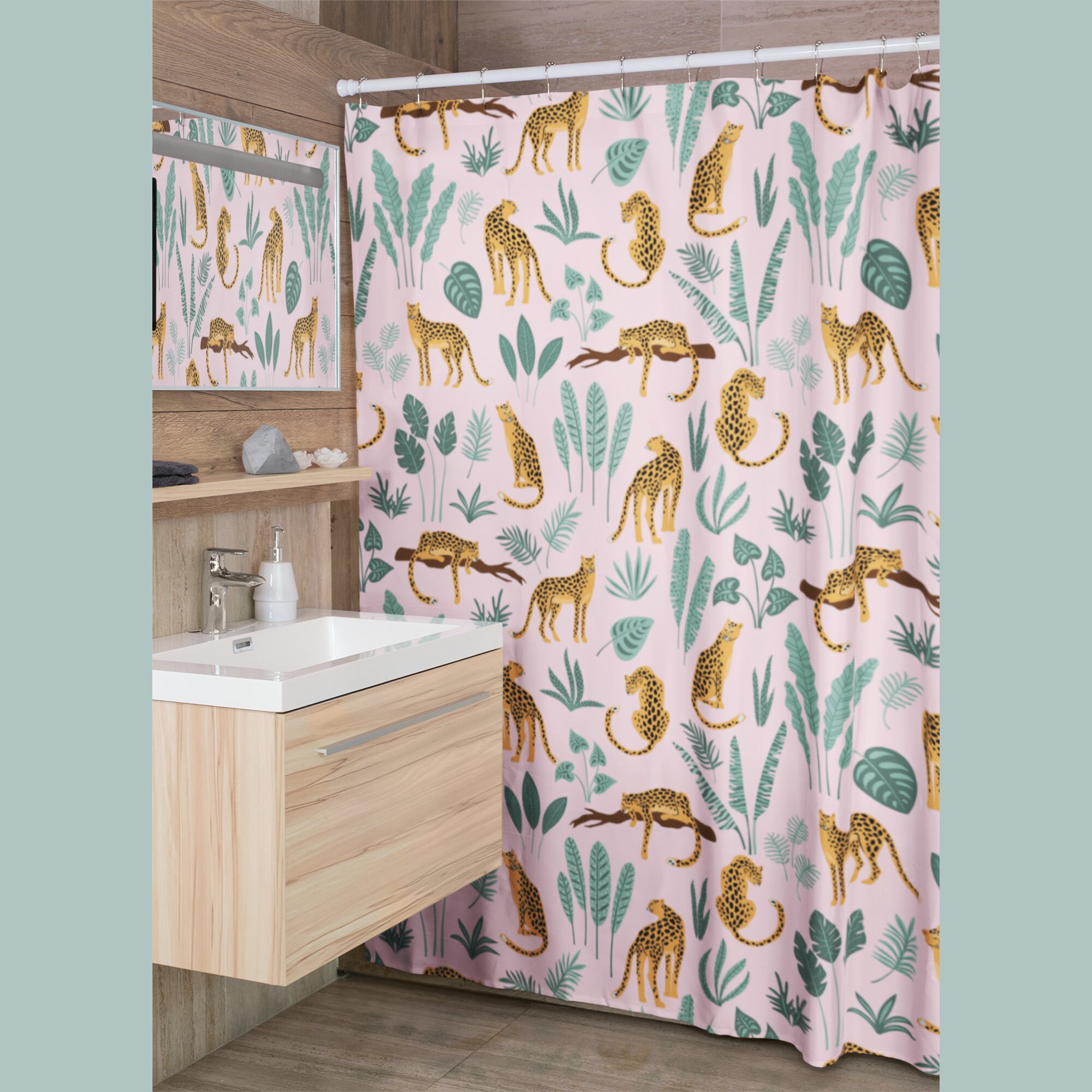 Chic And Playful Boho Shower Curtain With Tropical Leopard Print And Patterned Design For Housewarming Gift - Image 2