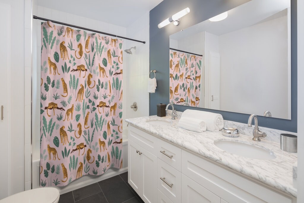 Chic And Playful Boho Shower Curtain With Tropical Leopard Print And Patterned Design For Housewarming Gift - Image 3