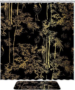 Chic Black Golden Bamboo Bathroom And Shower Curtain For Your Sophisticated Bathroom Decor