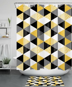 Chic Black, White, Gray Geometric Pattern on Yellow Shower Curtain for Modern Bathroom Decor 