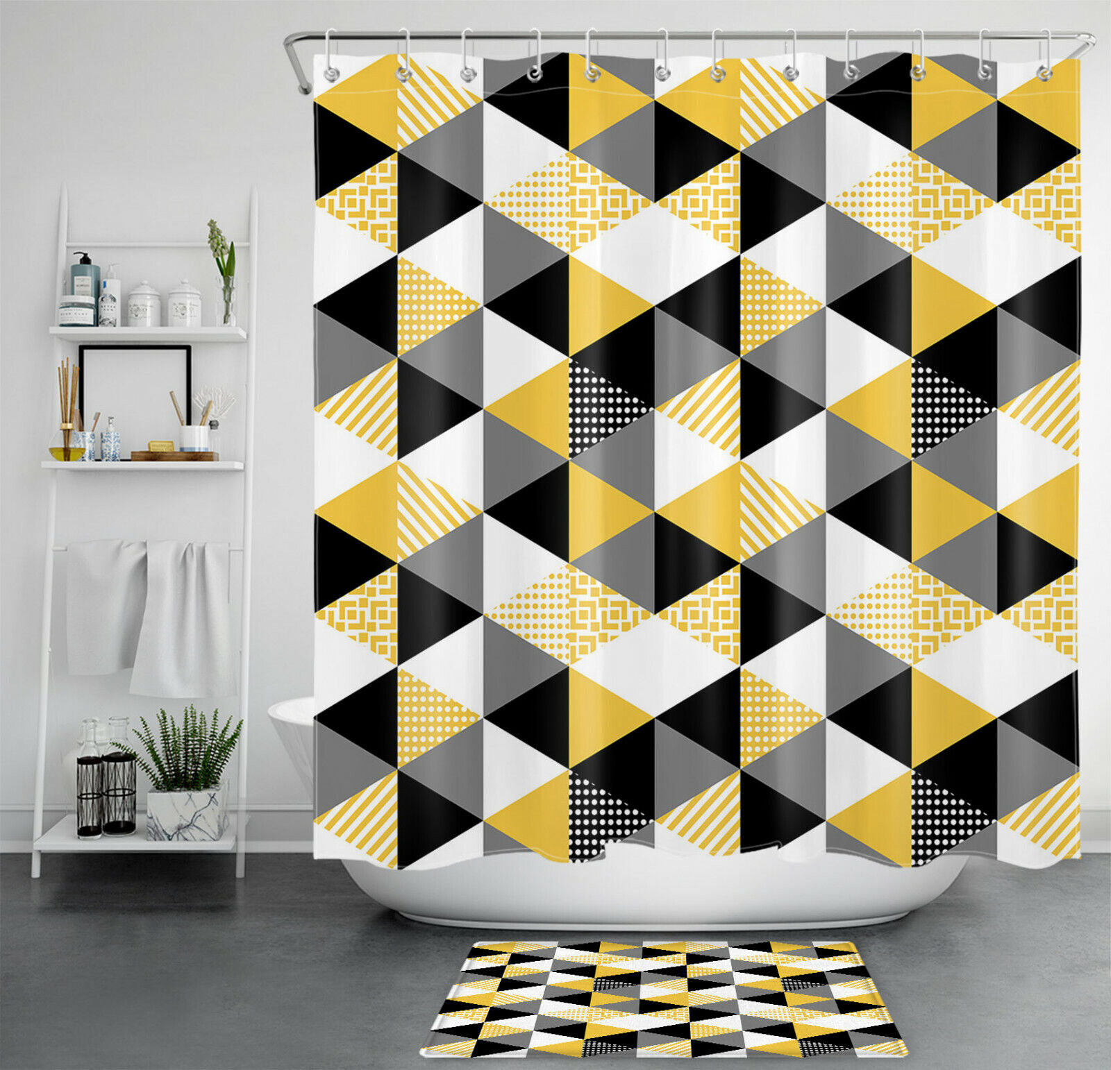 Chic Black, White, Gray Geometric Pattern on Yellow Shower Curtain for Modern Bathroom Decor