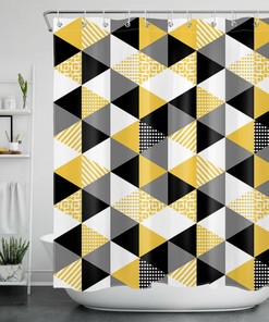 Chic Black, White, Gray Geometric Pattern on Yellow Shower Curtain for Modern Bathroom Decor