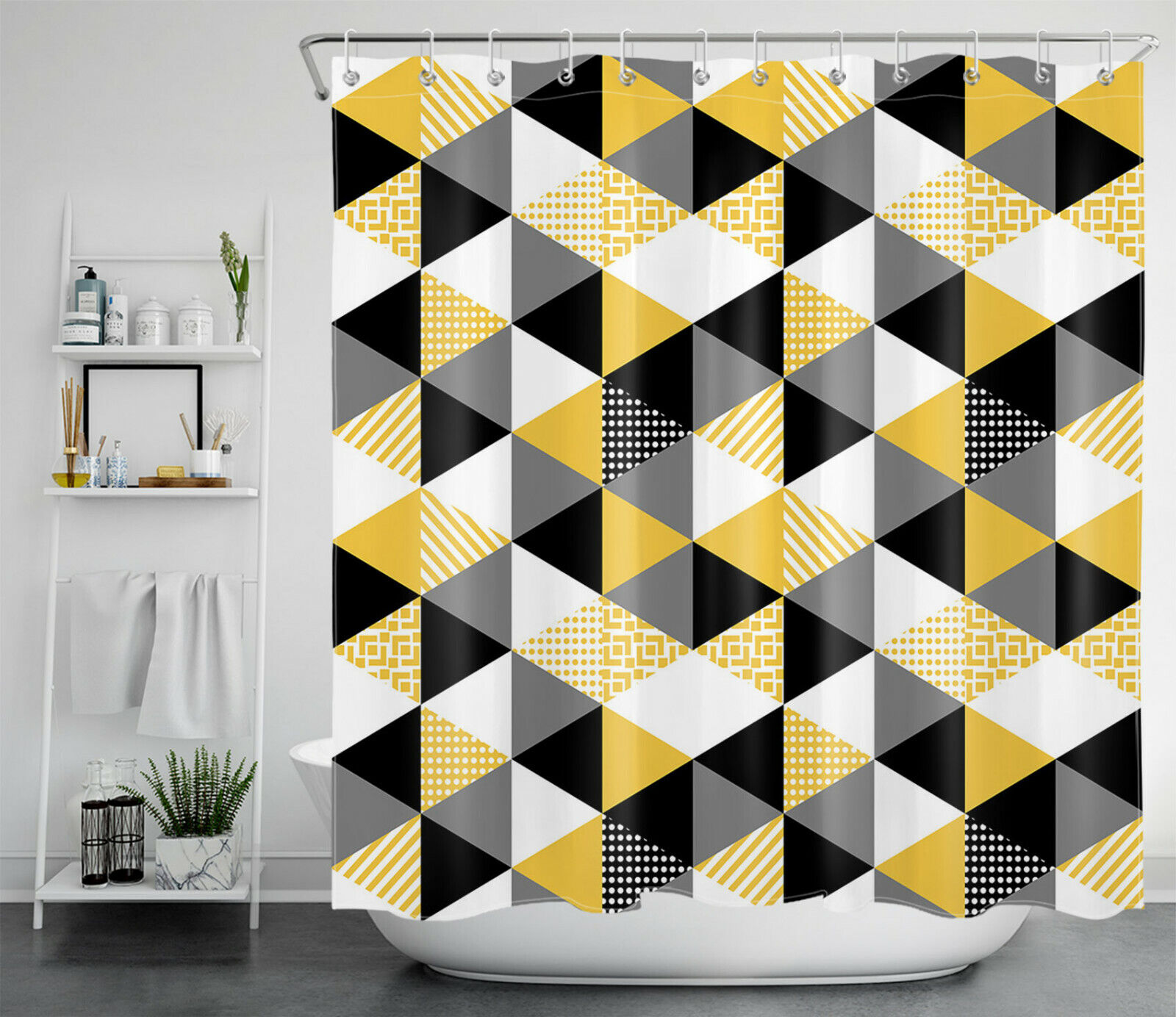 Chic Black, White, Gray Geometric Pattern on Yellow Shower Curtain for Modern Bathroom Decor