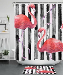 Chic Black and White Striped Flamingo Shower Curtain for Modern Bathrooms