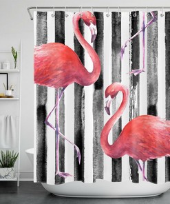 Chic Black and White Striped Flamingo Shower Curtain for Modern Bathrooms