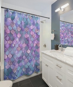 Chic Custom Mermaid Scales Shower Curtain with Flower Accessories, Coastal Gift, Beach House, Lake House Show 