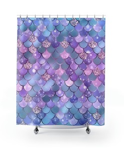 Chic Custom Mermaid Scales Shower Curtain with Flower Accessories, Coastal Gift, Beach House, Lake House Show