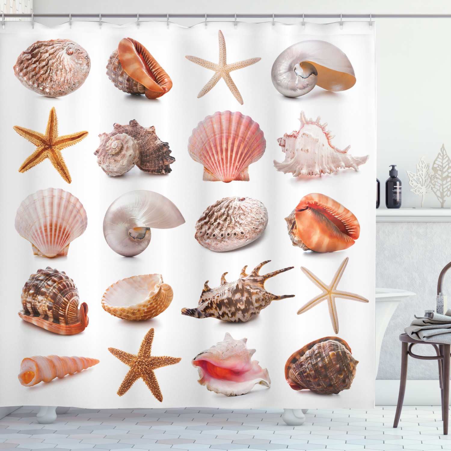 Chic Design Shell Collection and Starfishes Print Shower Curtain - Water Resistant Bath Curtain for Bathroom Decor