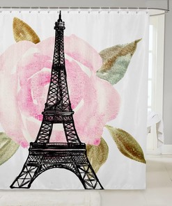 Chic Eiffel Tower Shower Curtain with Watercolor Pink Rose Flower: Romantic Parisian Bath Decor