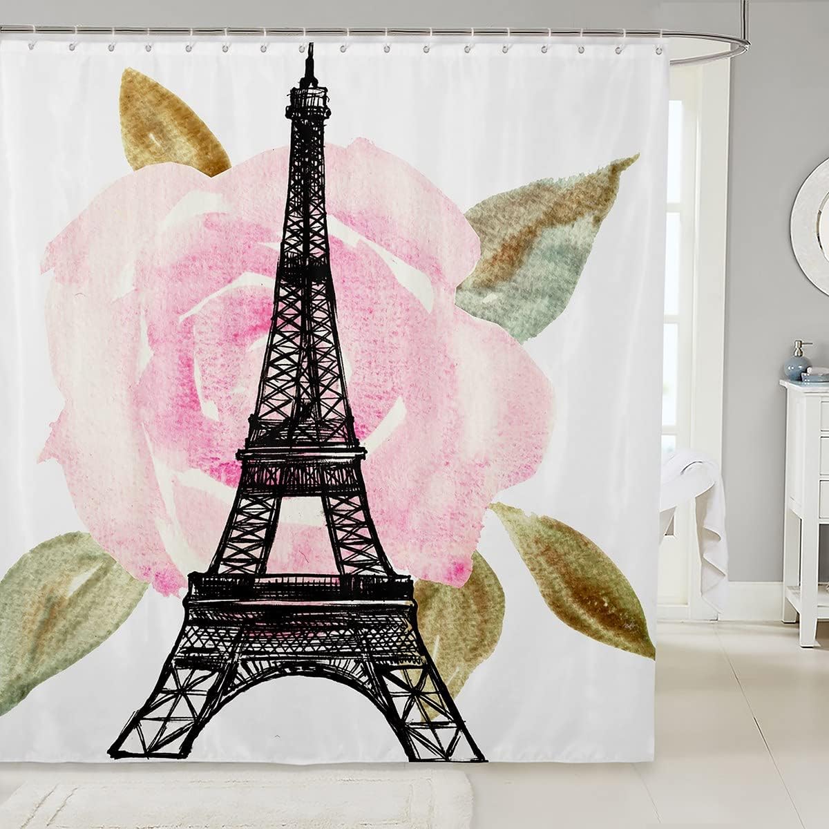 Chic Eiffel Tower Shower Curtain with Watercolor Pink Rose Flower: Romantic Parisian Bath Decor