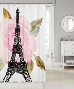 Chic Eiffel Tower Shower Curtain with Watercolor Pink Rose Flower: Romantic Parisian Bath Decor