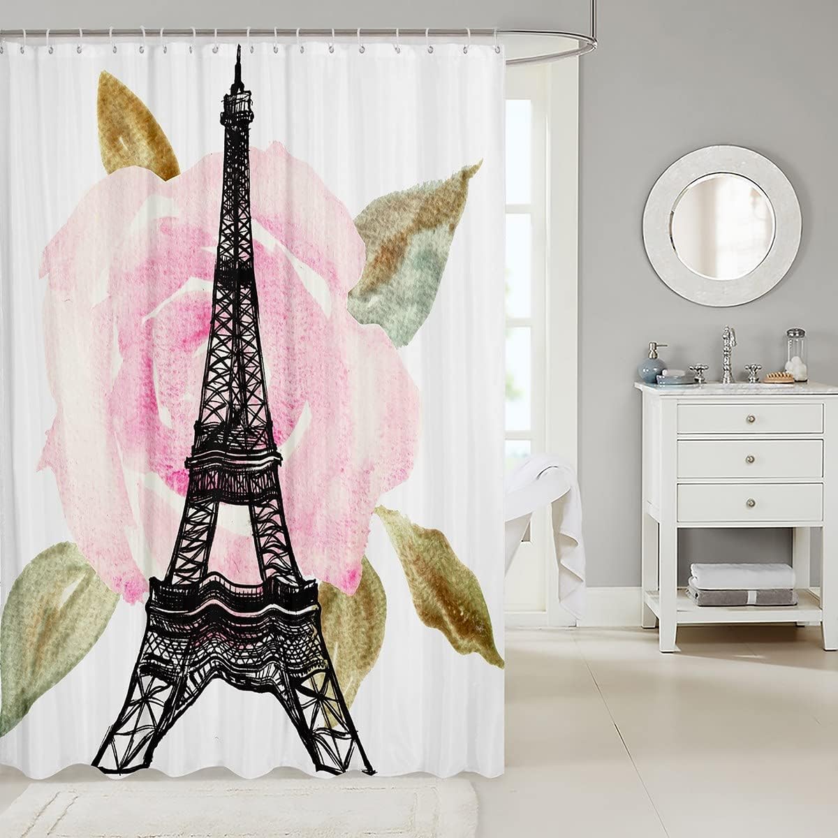 Chic Eiffel Tower Shower Curtain with Watercolor Pink Rose Flower: Romantic Parisian Bath Decor
