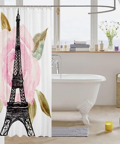 Chic Eiffel Tower Shower Curtain with Watercolor Pink Rose Flower: Romantic Parisian Bath Decor