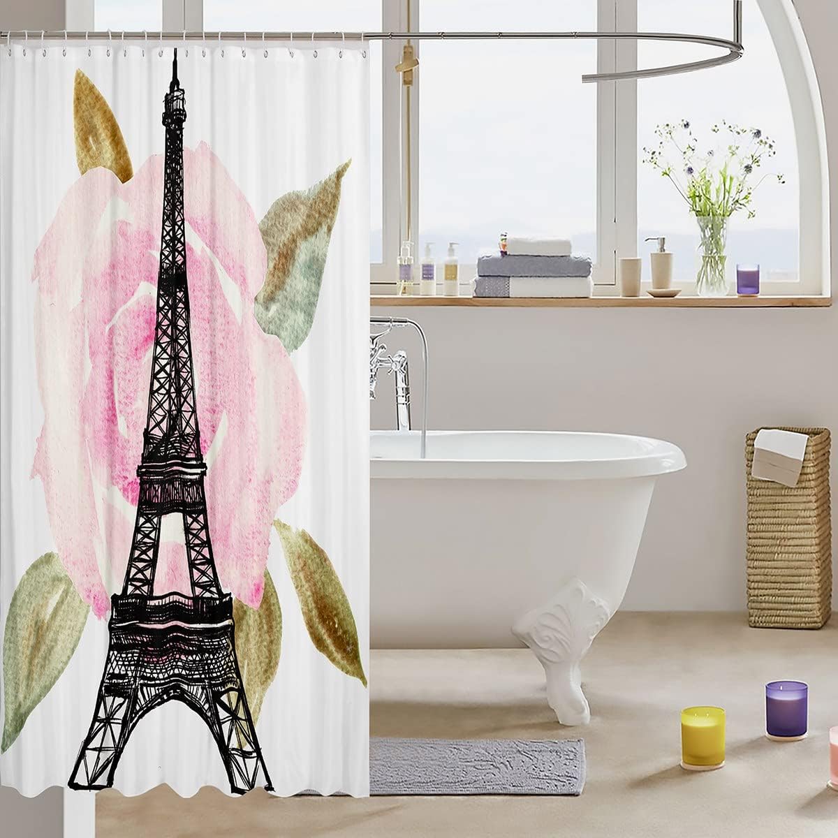 Chic Eiffel Tower Shower Curtain with Watercolor Pink Rose Flower: Romantic Parisian Bath Decor