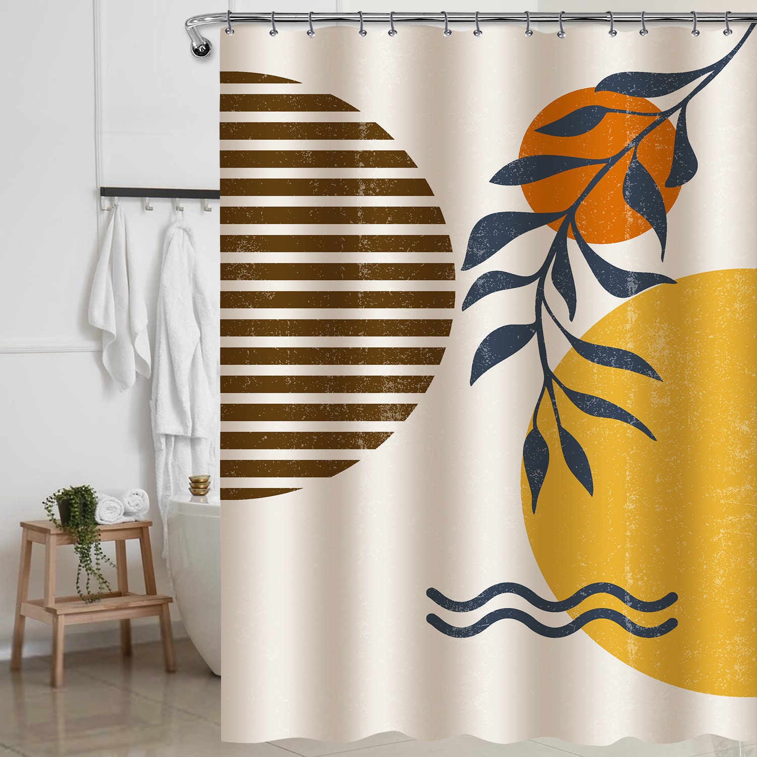 Chic Geometric Leaves Design Boho Modern Mid Century Shower Curtain For Waterproof Bathroom Decor - Image 2